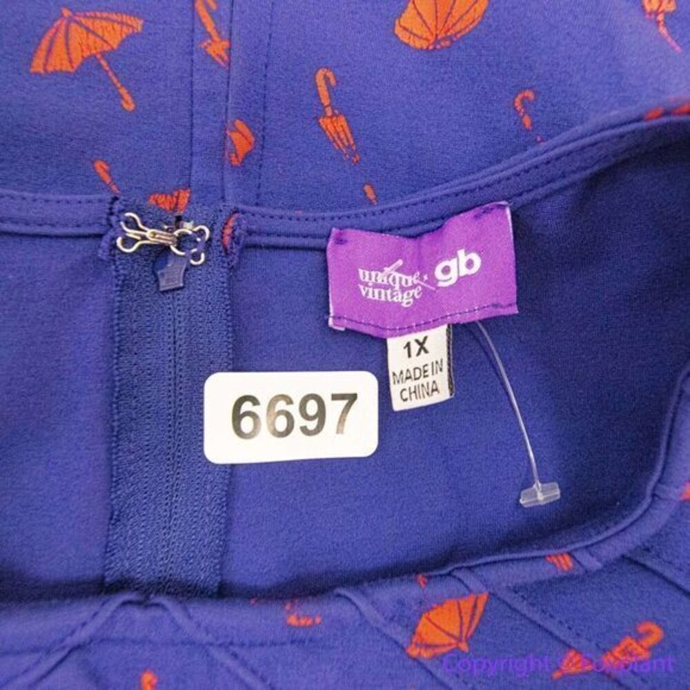 Unique Vintage GB Umbrella Print Navy Dress, plus‎ size 1X - Picture 13 of 16